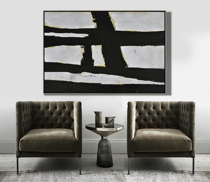 Modern Art Abstract Painting,Horizontal Palette Knife Minimal Canvas Art Painting Black White Beige - Original Modern Art,Large Wall Art Handmade